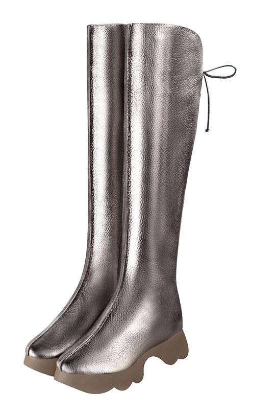 Ash grey women's knee-high boots, with laces at the back. Round toe. Low rubber soles. Made to measure. Front view - Florence KOOIJMAN